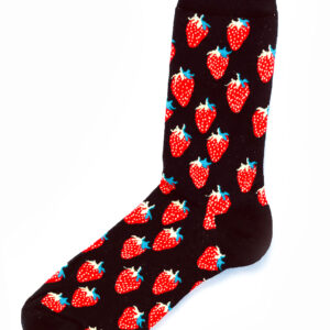 Chaussettes fantaisie noir et rouge, avec motifs de fraises. Taille unique.