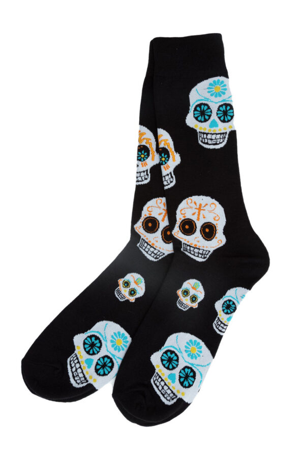 Schwarze Socken mit mexikanischem Totenkopfmuster.