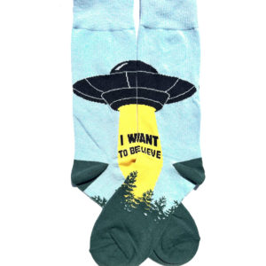 Ausgefallene Baumwollsocken mit UFO-Motiv und Aufschrift „I want to believe”